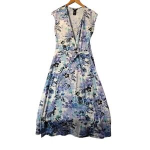 Millennium Blue Tropical Floral Midi Dress V-Neck Ring Belt Sleeveless M‎